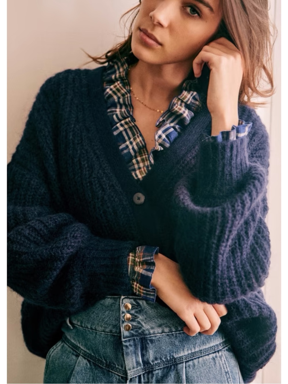 SEZANE Navy Oversized Wool Knit Balloon Sleeve V Neck Achille Cardigan Sweater